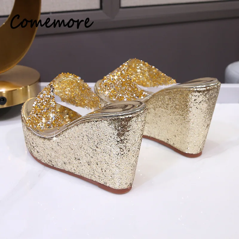 Comemore Slippers Summer Beach Slipper Casual Gold Silver Mules High Heels Sandals Sequine Platform Slipper Women Wedge Slides