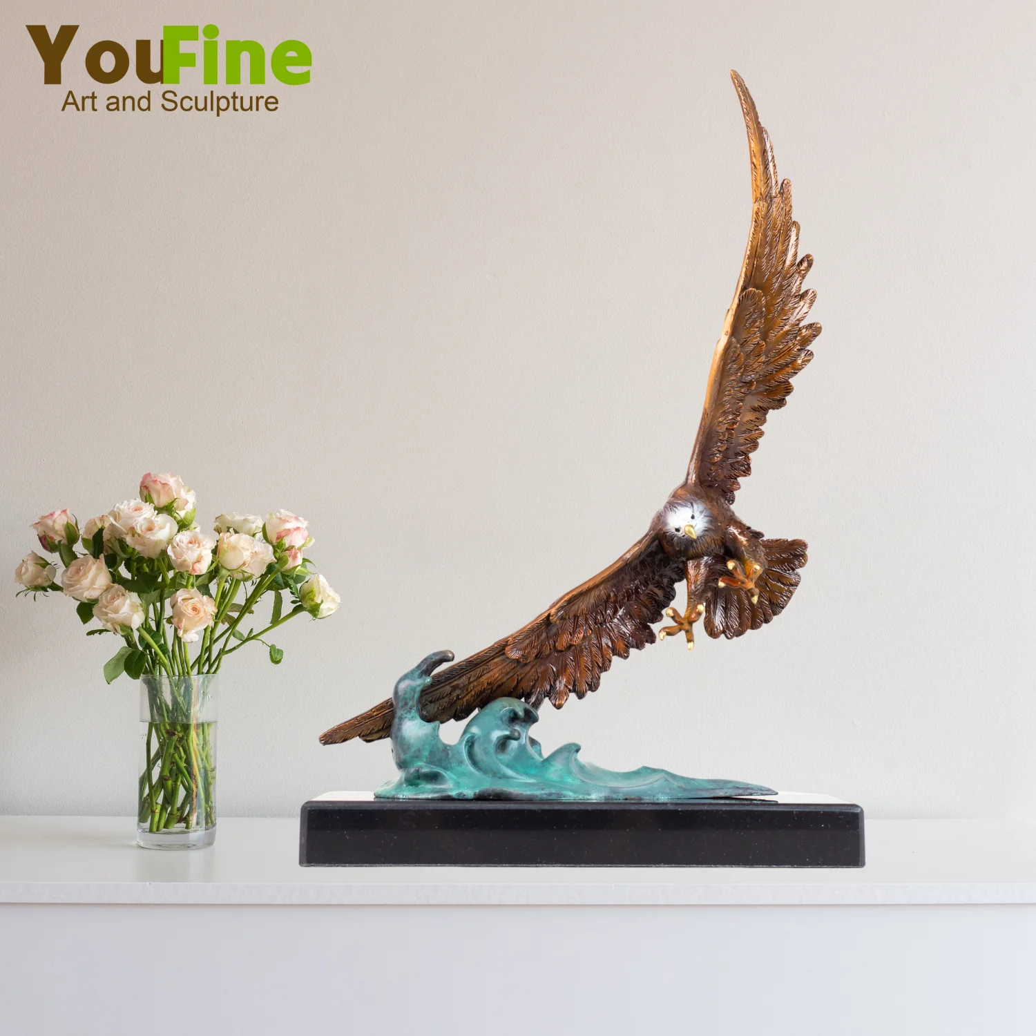 

15" Bronze Bald Eagle Statue Flying Spread Wings Bald Eagle Sculpture Hot Casting Animal Figurines For Home Indoor Decor Gifts