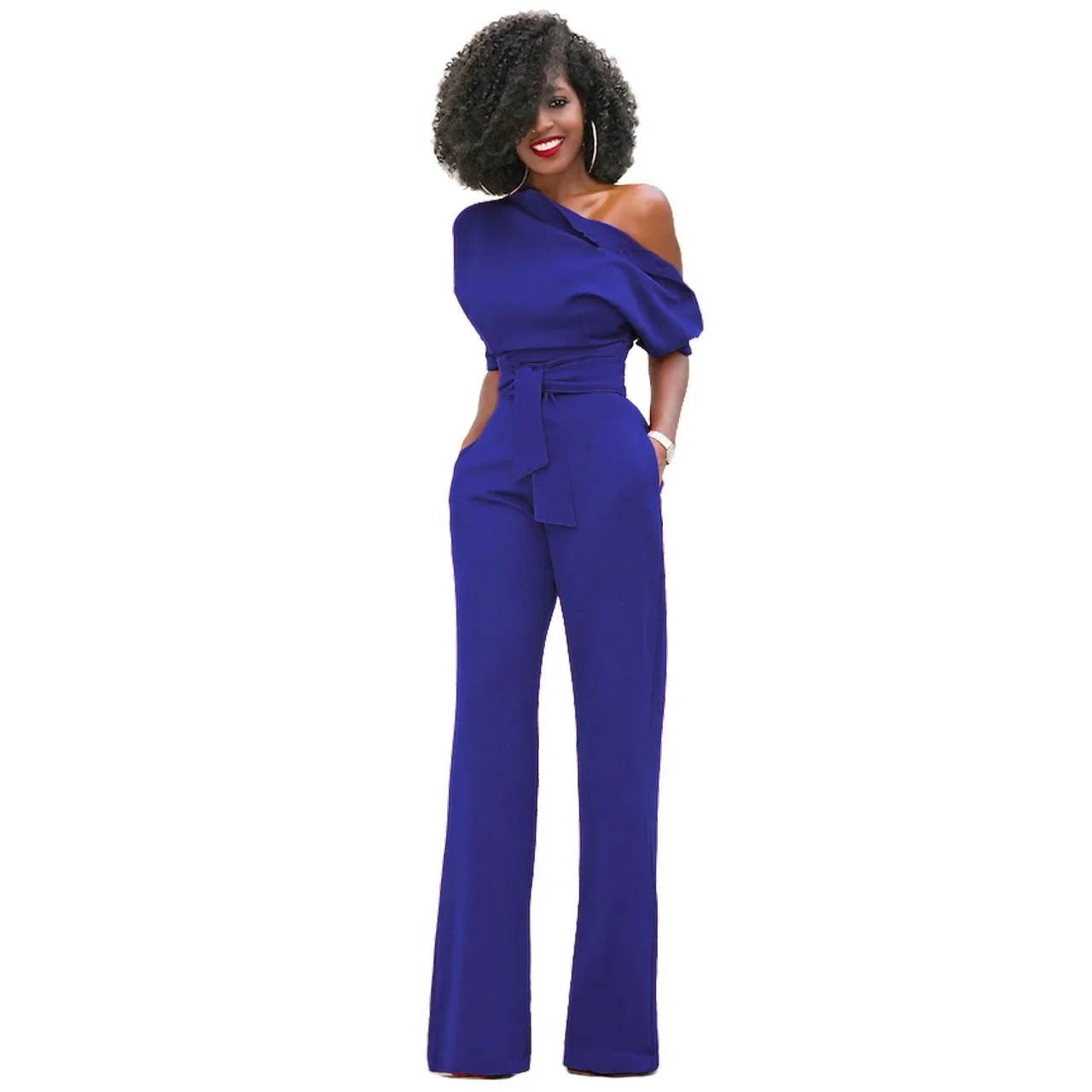 Hot selling European and American classic solid color slanted collar button jumpsuit wide leg pants