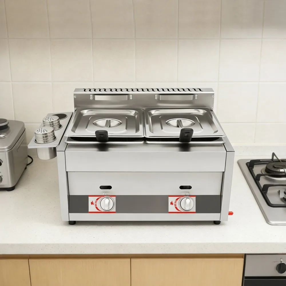 Commercial Deep Gas Fryer Double Cylinders 6L*2 Capacity, Gas Deep Fryer with Independent Controls, Rust Resistant 430 Stainless Steel, Splash Guard, Stable Design