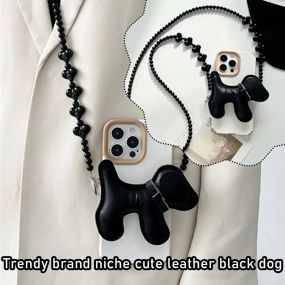 High-quality And Exquisite PU Leather Phone Strap Trendy Niche Brand Black Lanyard Phone Strap Anti-lost Charm Dog Chain Cu E2Q2