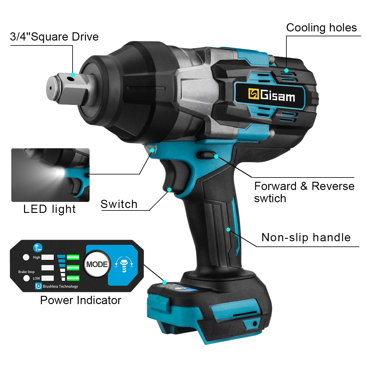 Gisam 3100N.M Torque Brushless Electric Impact Wrench 3/4 inch Cordless Electric Wrench Power Tool Compatible Makita 18V Battery