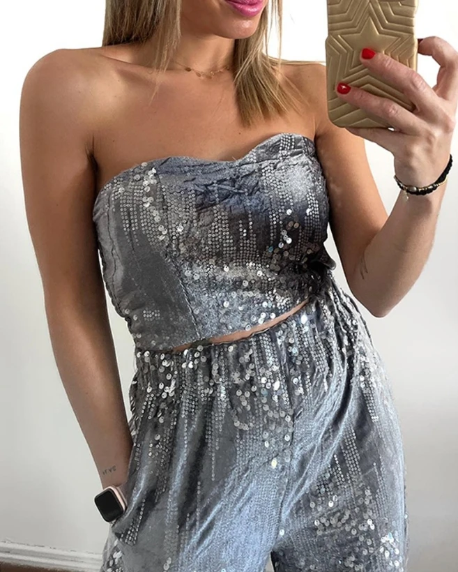 Women 2PCS Elegant Street Trends Solid Color Velvet Contrast Sequin Bandeau Crop Top and Pocket Design Wide Leg Pants Set