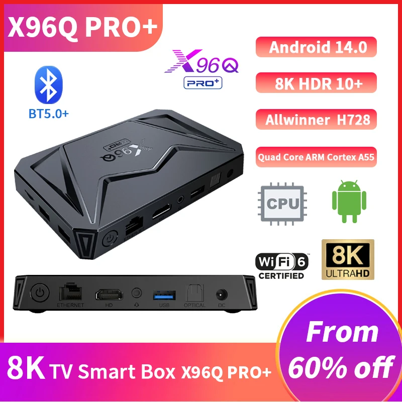 X96Q PRO+ TV Box Android 14 Allwinner H728  Smart Box 1000M LAN BT5 Wifi6 2.4G/5G Support 8K Media Player Set Top Box 4GB 64GB