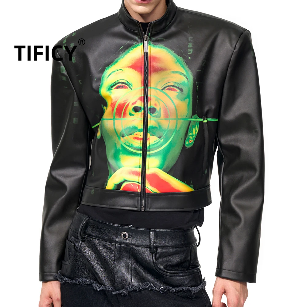 

High Street Pu Jacket Men's Portrait Print Short Leather Jacket Autumn Black Stand Up Collar Hip-hop Leather Jacket