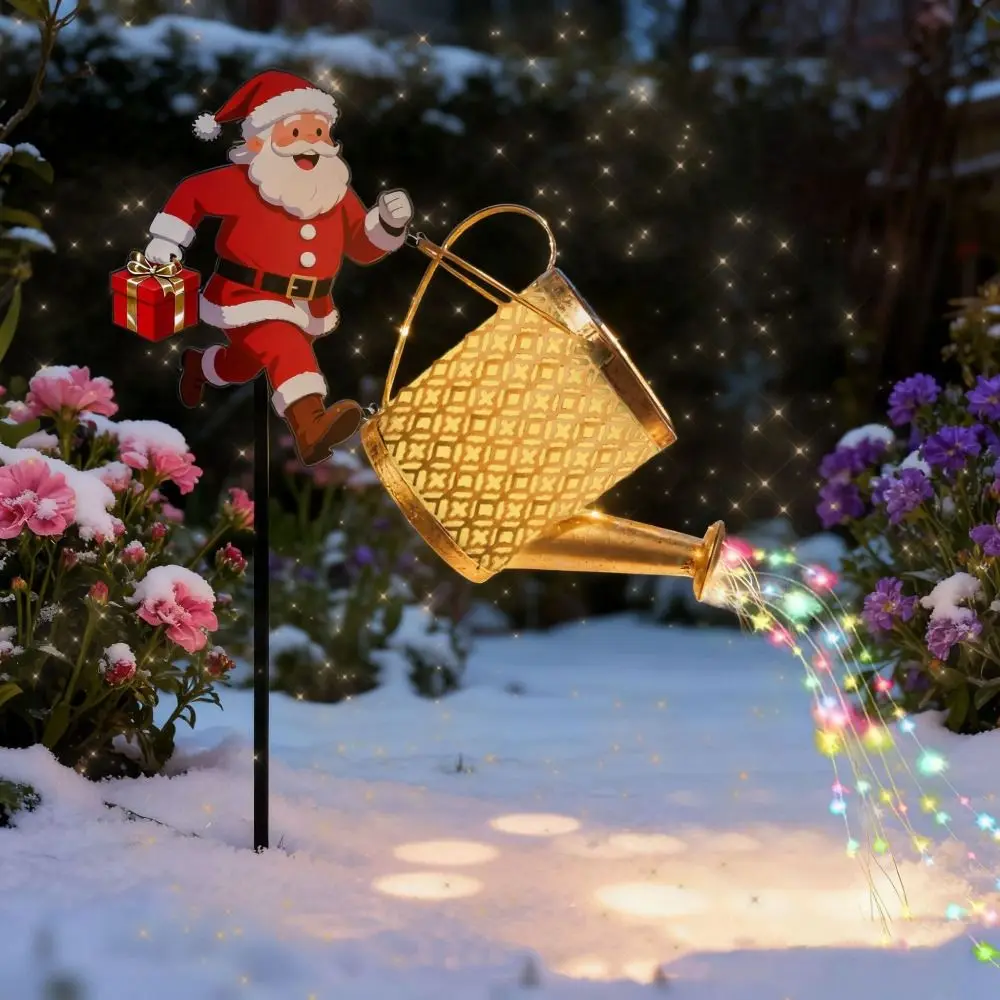 Solar Powered Christmas Santa Solar Kettle Light Waterproof LED Light Santa Claus Watering Can Light Elk Decorative Design