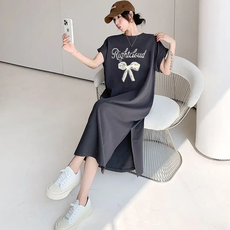 한국 스타일 반팔 프린트 드레스 미디 길이 사이드 슬릿 패션 플러스 사이즈 여성 의류 맥시 드레스 티셔츠 롱 드레스