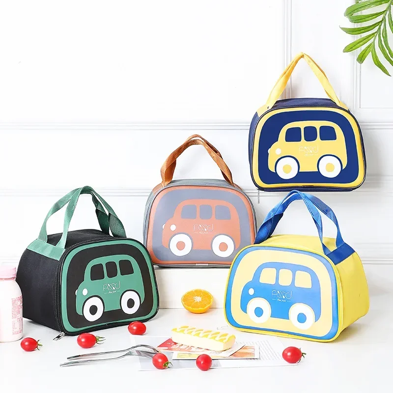 Student Lunch Bag Portable Insulated Thermal Lunch Box Picnic Food Fresh Cooler Bags Cute Cartoon Car Children Handbag حقائب