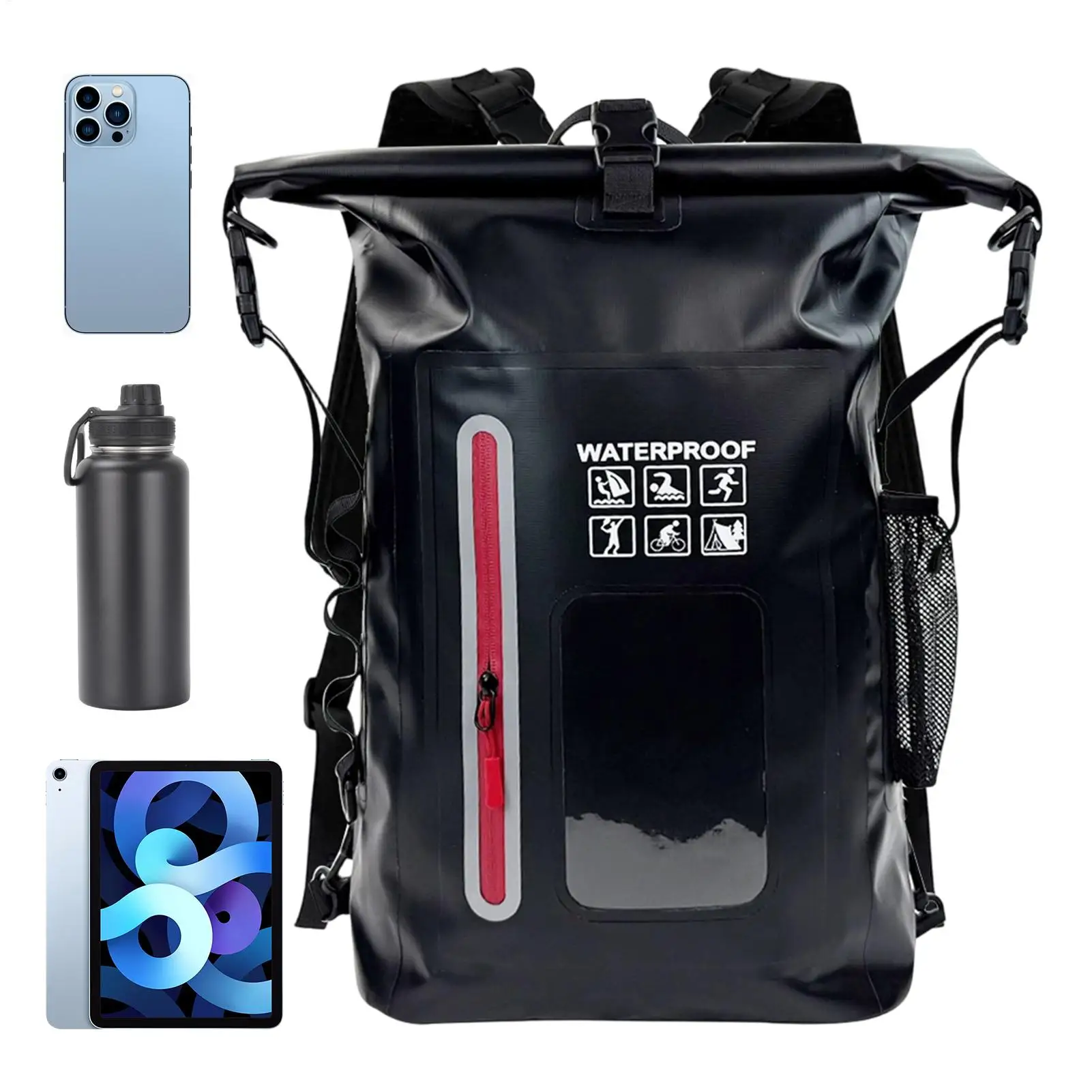 Wasserdichter Trockensack-Rucksack mit großem Fassungsvermögen, Roll-Top, leichter, wasserdichter PVC-Tagesrucksack für Männer und Frauen, zum Rafting und Kajakfahren – Detail 1