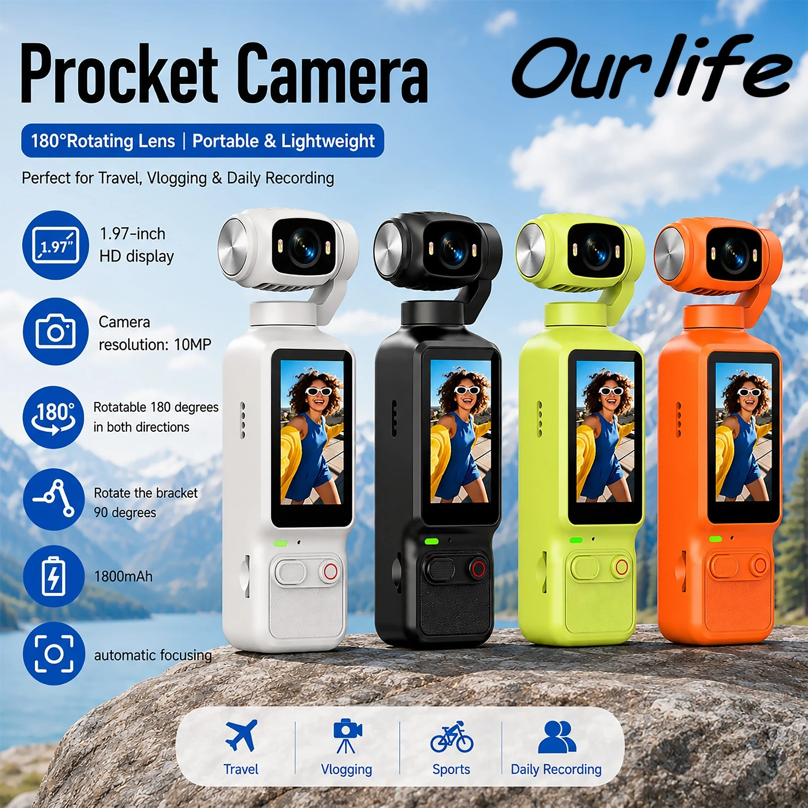 Ourlife 4K Action Camera 180° Rotatable For YouTube Vlog Video Recording Record Life Handheld 1.97 Inch Screen Sports Camera