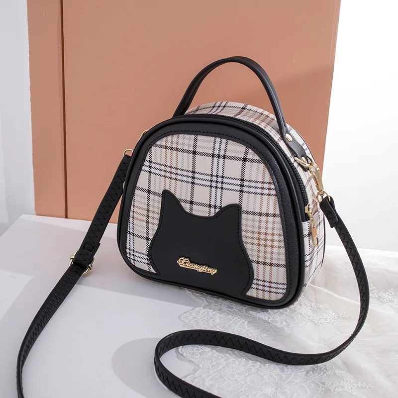 Women\'s Bag Trendy Korean Version Sweet and Cute Contrast Checkered Printed Cat Pattern Diagonal Cross Half Round Bag