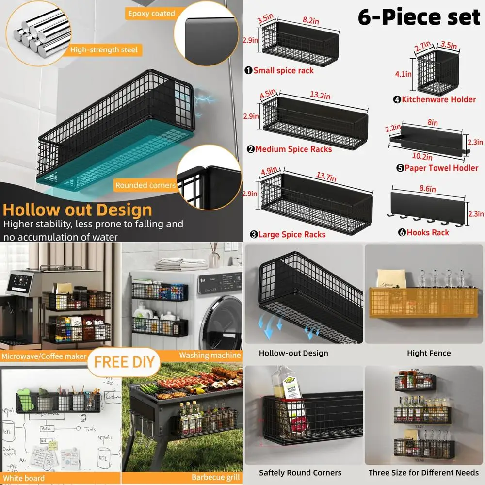 

6-Pack Black Magnetic Spice Racks with Towel Holder and Hooks, Kitchen & Laundry Storage Solutions, Ideal for Home, RV, and Coff