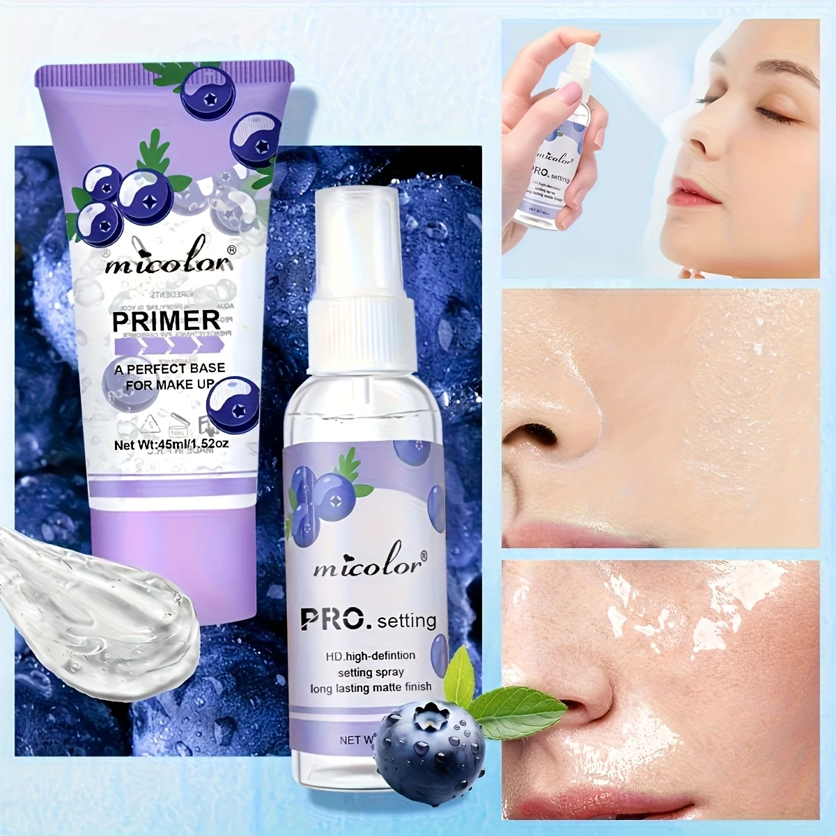 2-teiliges Blueberry Primer- und Setting-Sprühset – feuchtigkeitsspendende Make-up-Basis + langanhaltendes, mattes Finish