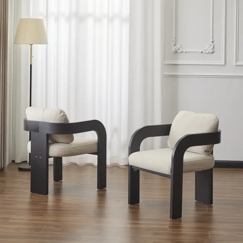 Set of 2 Dining Chairs with Soft Backrest, Beige Fabric Upholstery, Sturdy Black Wooden Frame