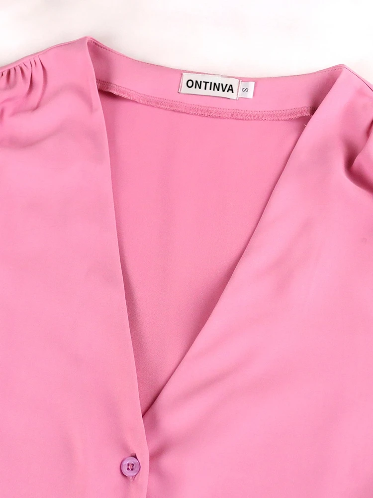 Tops de talla grande con cuello en V para mujer, camisa de manga larga de farol rosa y azul, blusa informal de oficina para mujer, novedad de verano y otoño