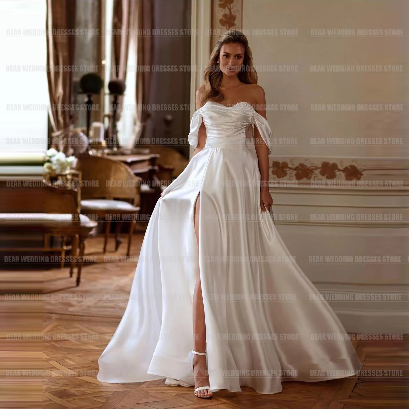 

Luxury A Line Wedding Dresses For Woman Sweetheart Off Shoulder Sexy Side Split Sweep Train Formal Elegant Bridal Gowns Vestido