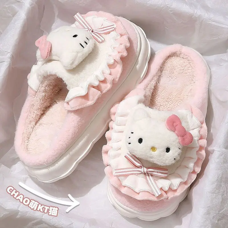 

Gothic Kuromi Sweet Hello Kitty Fuzzy Slippers Bow Decor Thick Platform Slides Warm Fleece Lined Nonslip Winter Bedroom Footwear