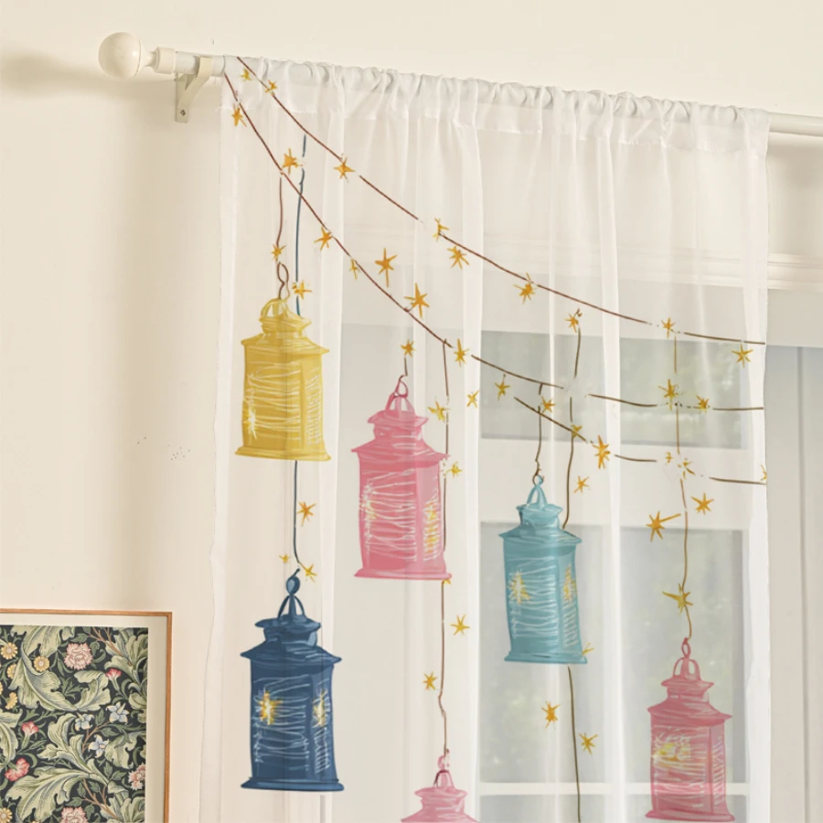 2PCS Digital Print Sheer Curtains, Colorful Star String Lights, Festival Party Decorative for Bedroom Living Room Home Decor - view 5