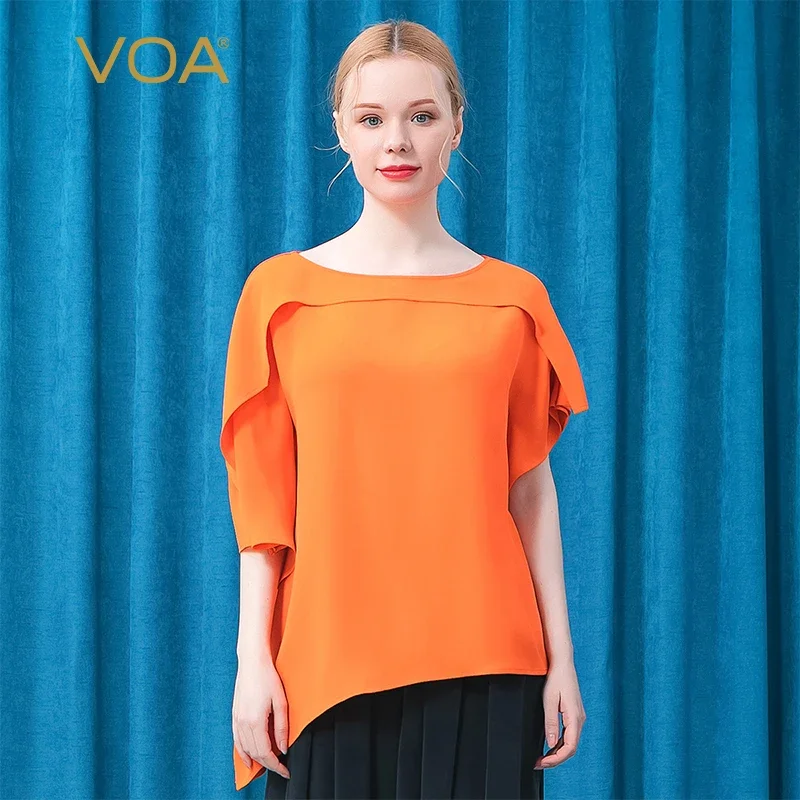 VOA 100% Pure Silk Fashion Slash Neck Tops Summer Batwing Half Sleeve Solid Loose Woman Tshirts Hem Slit Chic T-Shirts BE578