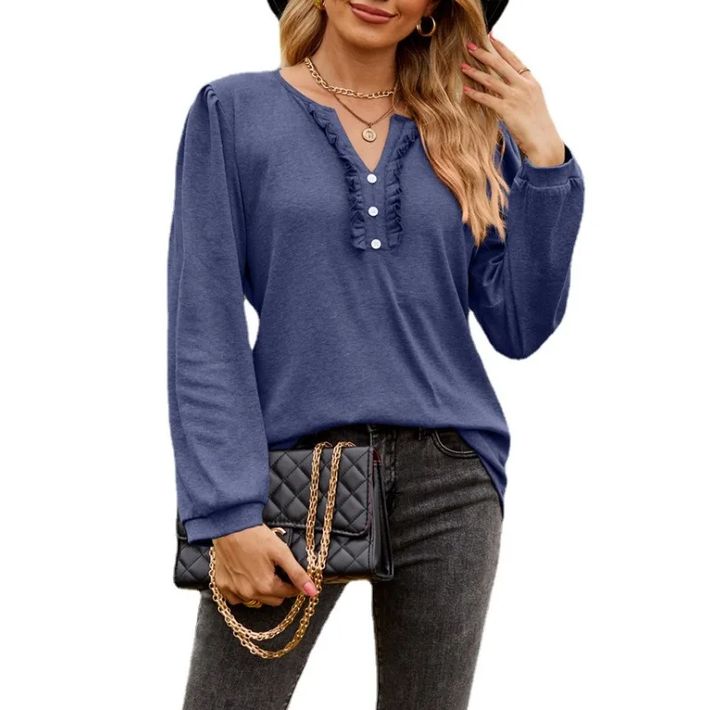 

2023 Autumn and Winter Women's Pullover V-neck Bubble Sleeve Solid Button Wooden Ear Edge Patchwork Fashion Casual T-shirt Tops