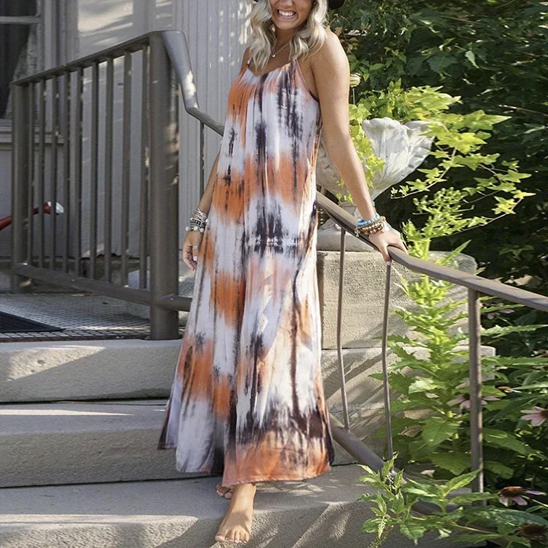 Vintage Tie-Dye Gestreepte Print Sling Lange Jurk Vrouwen Lente V Hals Backless Boho Maxi Jurk Zomer Mouwloze Losse Strandjurk