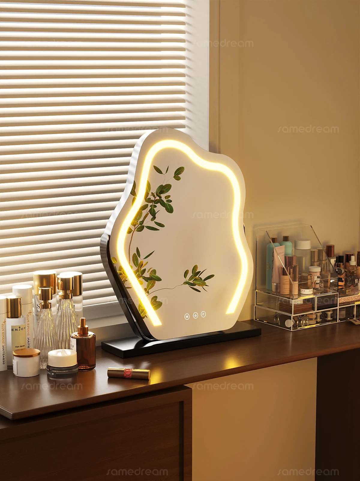 กระจกแต่งหน้าอัจฉริยะ กระจกแต่งหน้าแบบคลาวด์ พร้อมไฟ LED กระจกตั้งโต๊ะ ไฟหรูหรา หมุนได้ สำหรับห้องนอนใหญ่