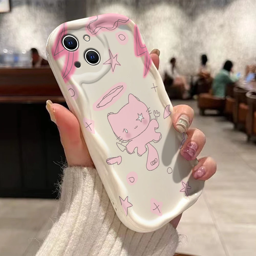 Y2K Cute Cat Pink Angel Kitten 3D Wave Phone Case For Samsung Galaxy S24 S23 S22 S21 S20 FE Plus Ultra 4G 5G Silicone Back Cover