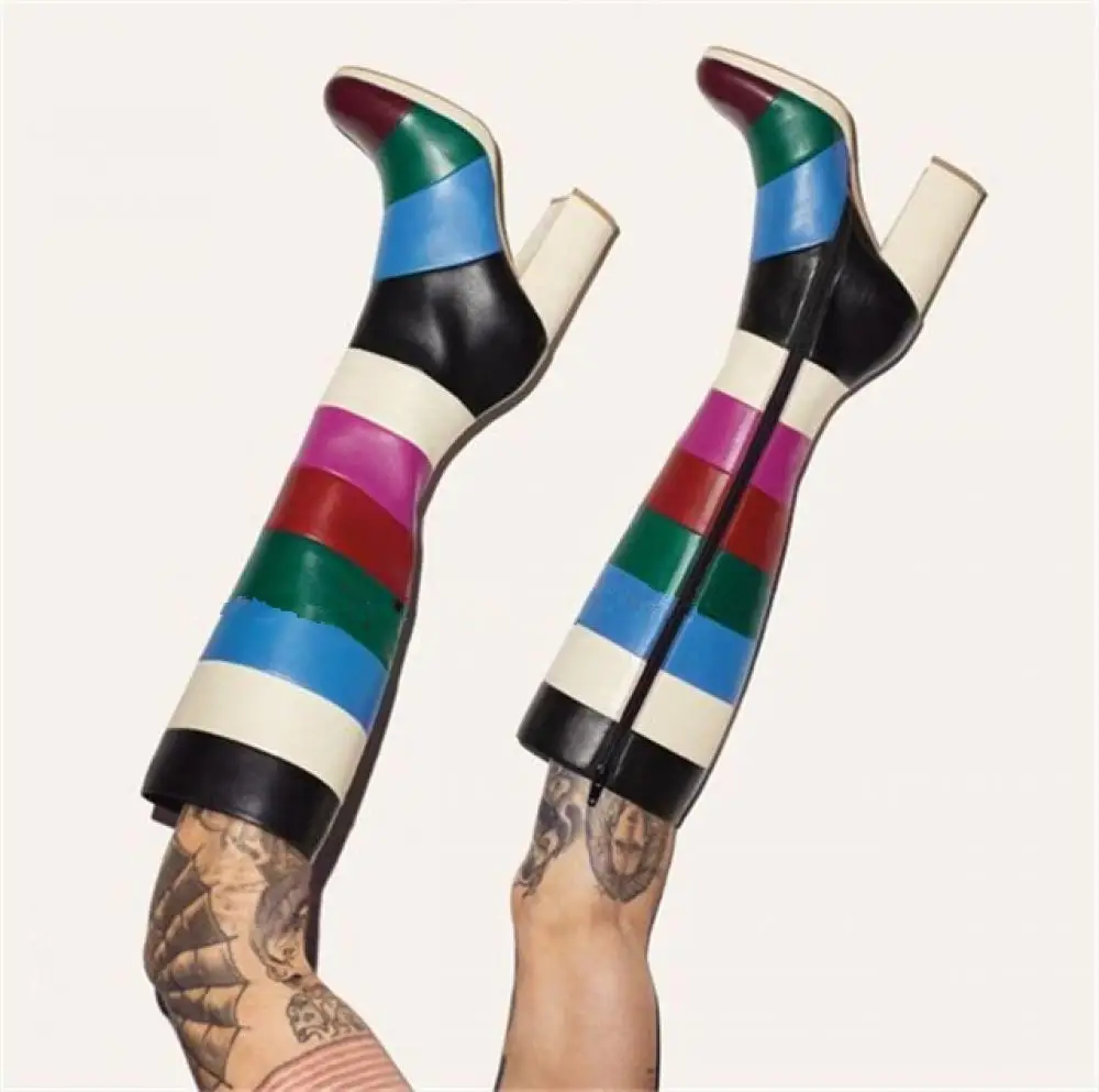 Winter Boots Multicolor Patchwork Leather Striped Knee High Women Boots Round Toe Zipper Blocked High Heel Riding Boots Woman