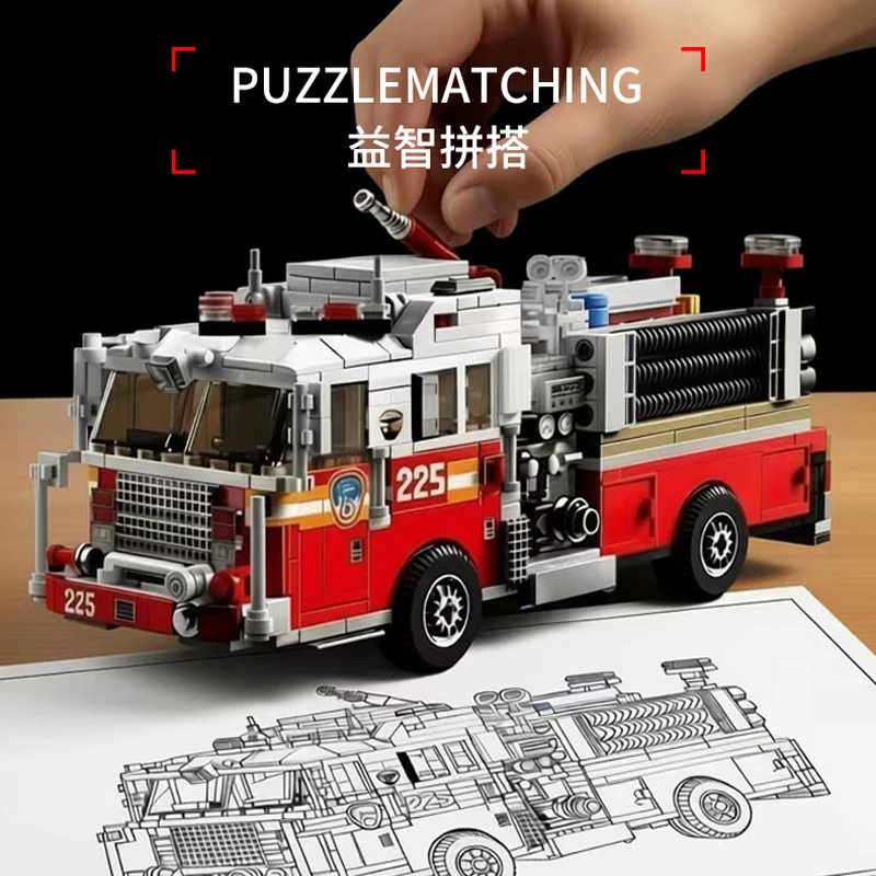 

IN STOCK MOC Creativity American Fire Truck Building Blocks Rescue Vehicle Bricks Model Toys for Boys Christmas Gift Set