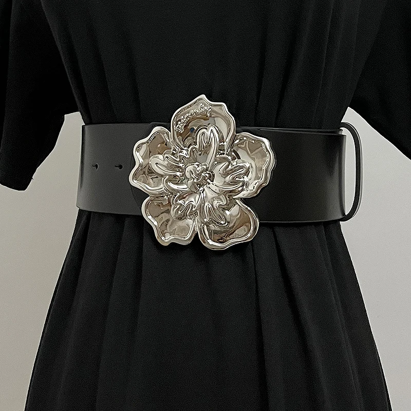 Women's Runway Fashion Flower Buckle Genuine Leather Cummerbunds Female Dress Corsets Waistband Belts Decoration Belt TB2977