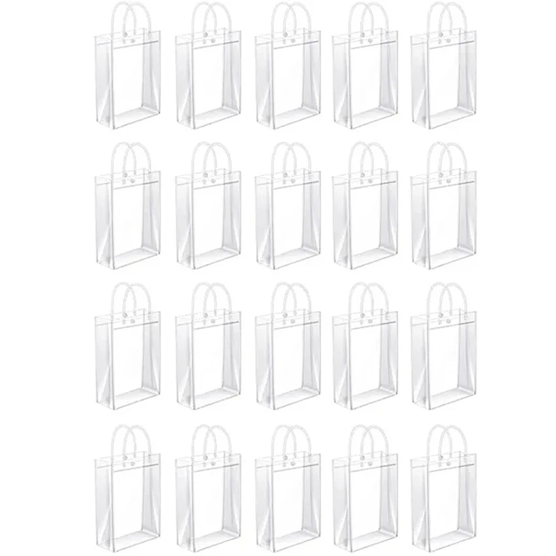 50PCS Clear PVC Gift Bags With Handles Reusable Plastic Wrap Tote Bags Transparent Shopping Bag For Christmas Party