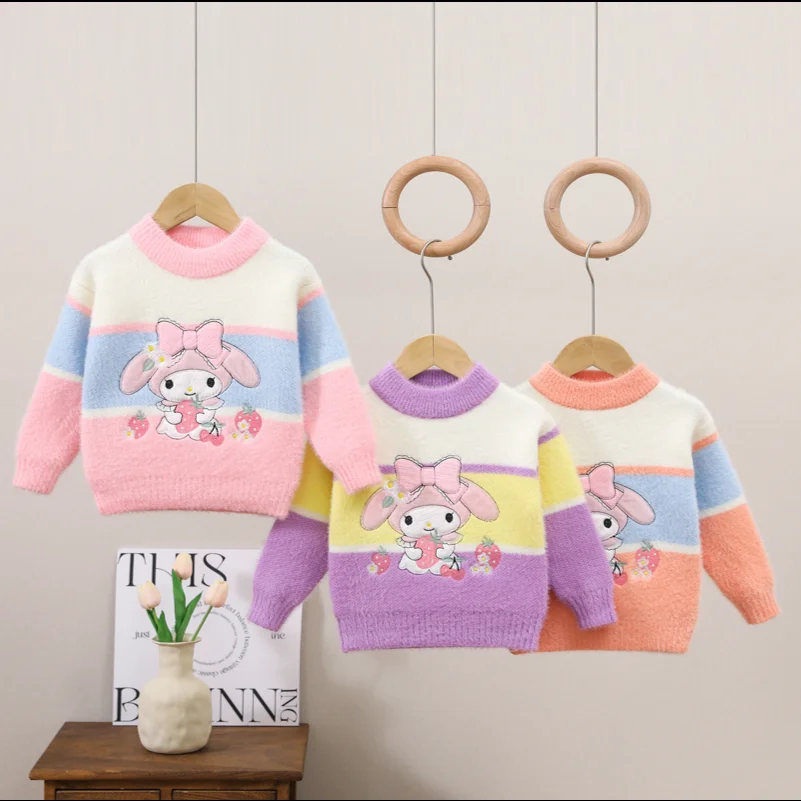 Sanrio Girls Fashion Sweater Cartoon My Melody Outfit Knit Pullover Sweater Girls Stripe Knit Tops Children Casual Base Shirt