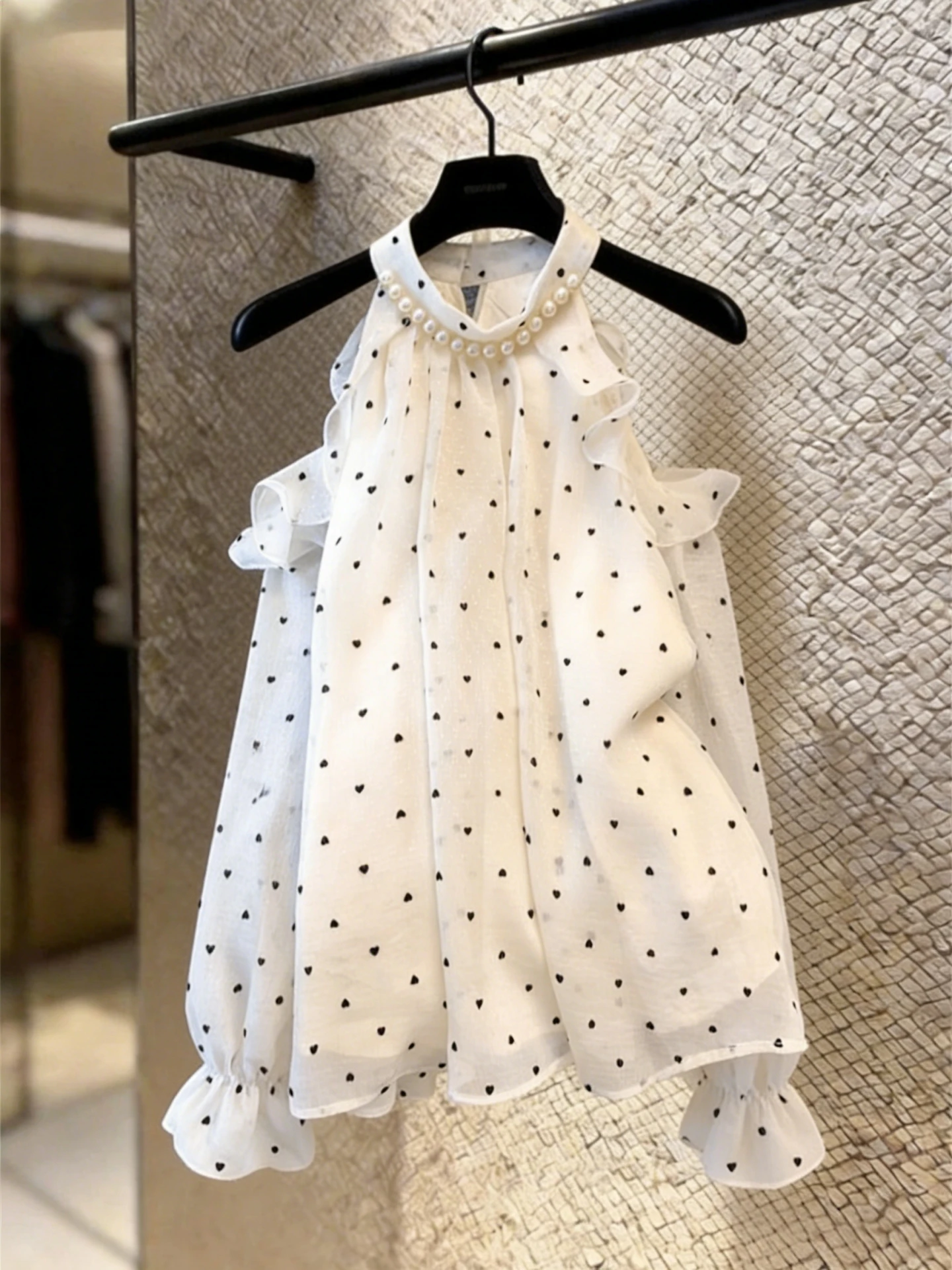 

Polka Dot Pearl Decorated Long Sleeve Loose Women's Shirt Summer New Style French Style Loose Fit Shoulder Bared Chiffon Top