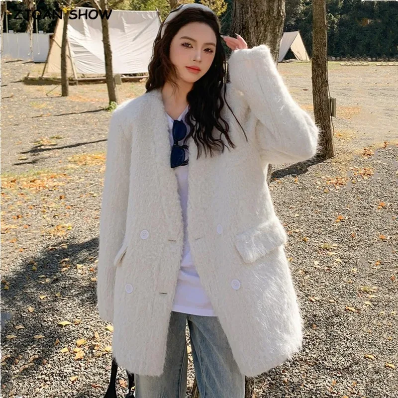 Winter CHIC V neck Sheep Faux Fur Blazer Coat Women Double-breasted Buttons Full sleeve Warm Shaggy Jacket Loose BF Outerwear