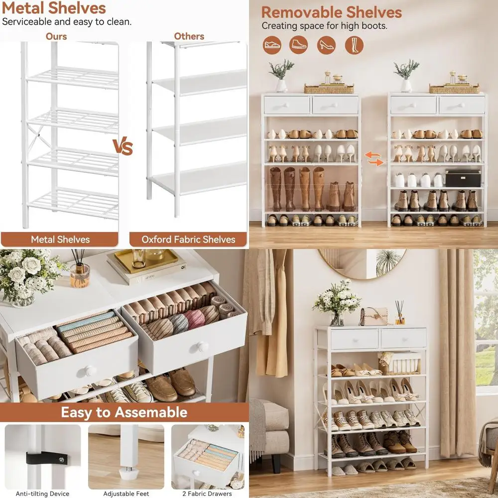 

5-уровневая металлическая полка для обуви с 2 ящиками, деревянная столешница, вмещает 16–20 пар, органайзер для хранения в прихожей, серый