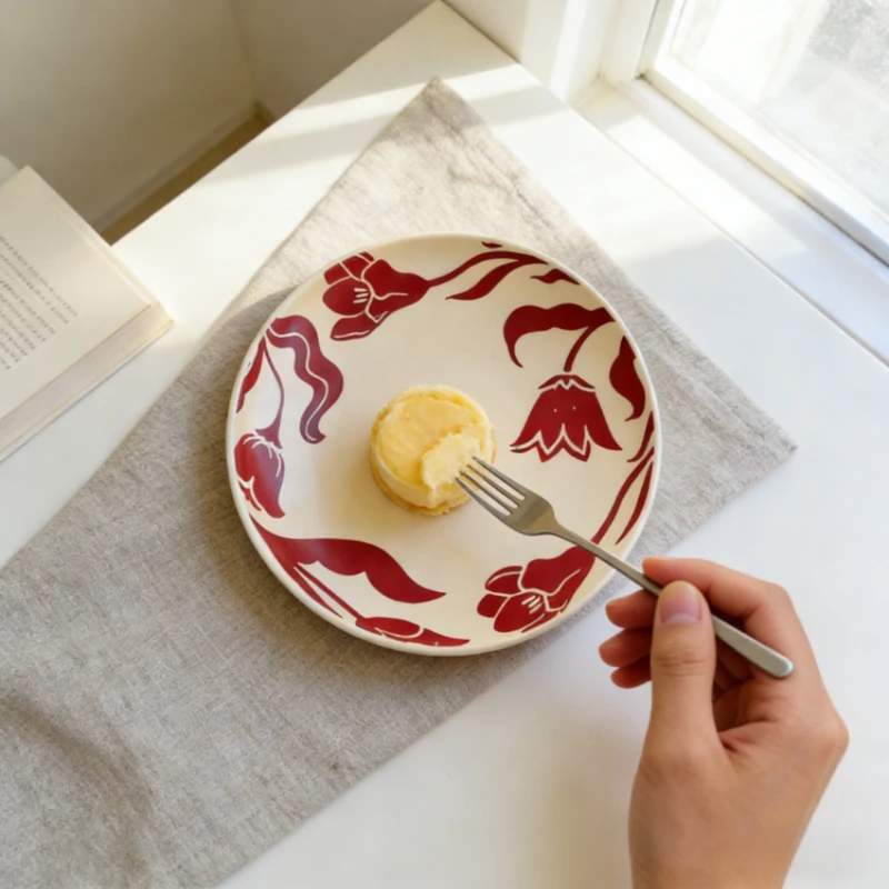 

Тарелка для риса в средневековом стиле, ретро-тарелка необычной формы с цветочным узором, простая тарелка для западной кухни, большая керамическая суповая миска