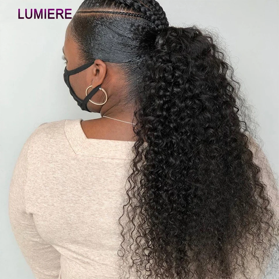 الأفرو غريب المياه العميقة مجعد موجة التفاف حول الرباط ذيل حصان وصلات شعر بشرية 100% شعر بشري حقيقي البرازيلي كليب في Fo