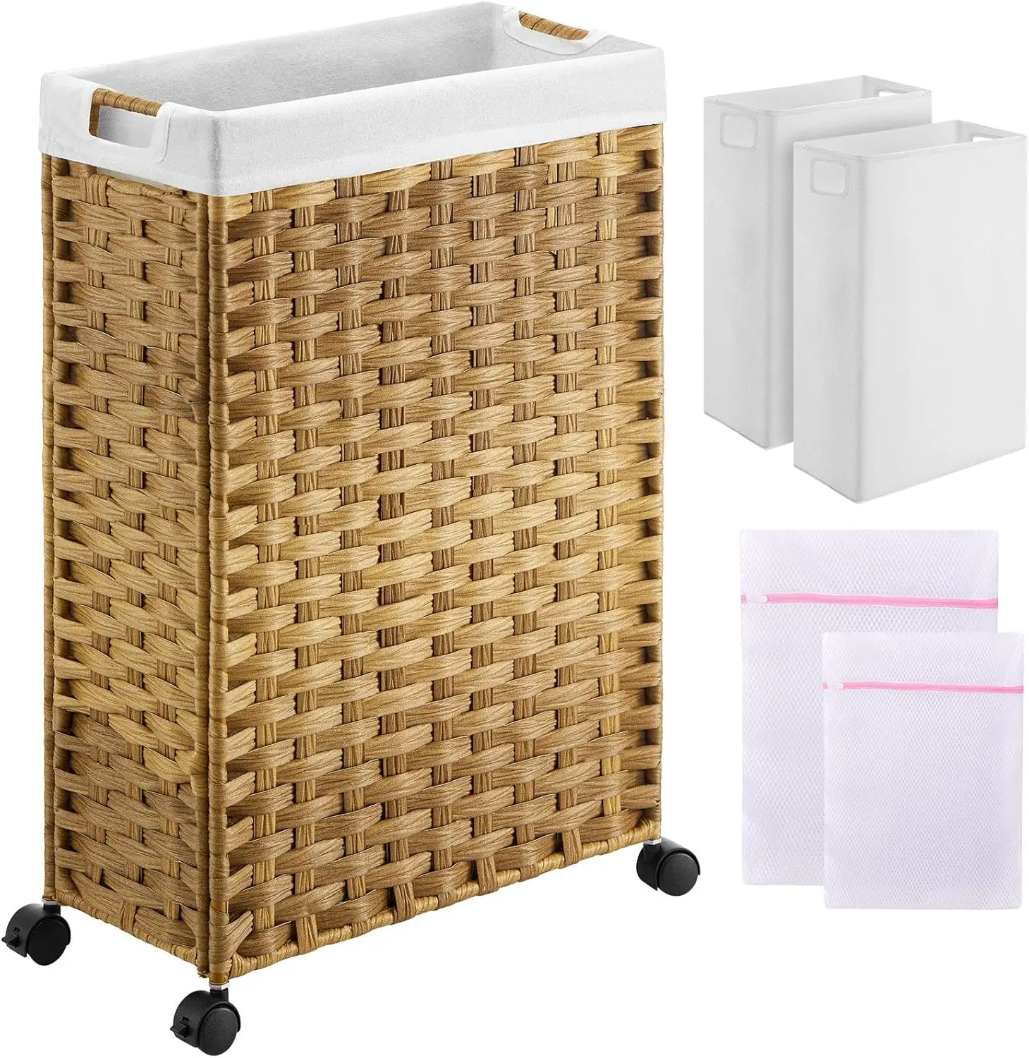 Laundry Hamper with Wheels, 50L Slim Laundry Basket with 2 Removable Liner Bags & 2 Mesh Bags, Narrow Dirty Clothes Basket