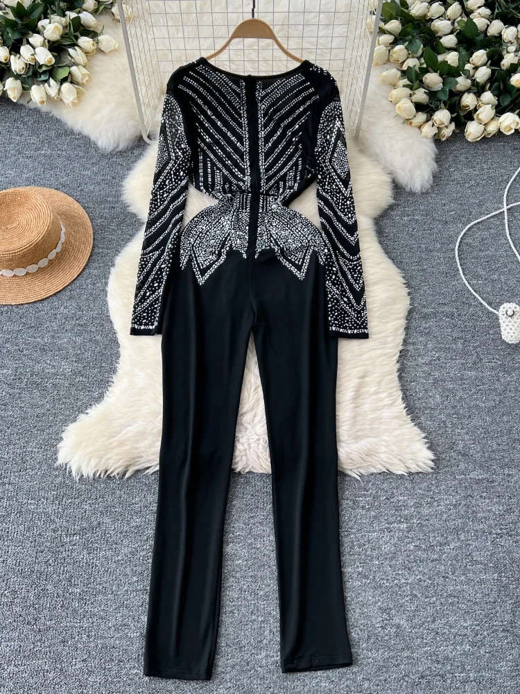 Gorgeous Sexy Senior Bodycon Jumpsuits Women Deep V-Neck Long Sleeves Zipper Diamonds Design Fashion Hotsweet Party Playsuits