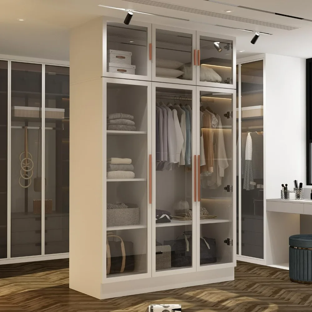 Glass light wardrobe with glass door and shelf, bedroom wardrobe in white and rose gold 47.2”W x 19.2”D x 74.8”H)