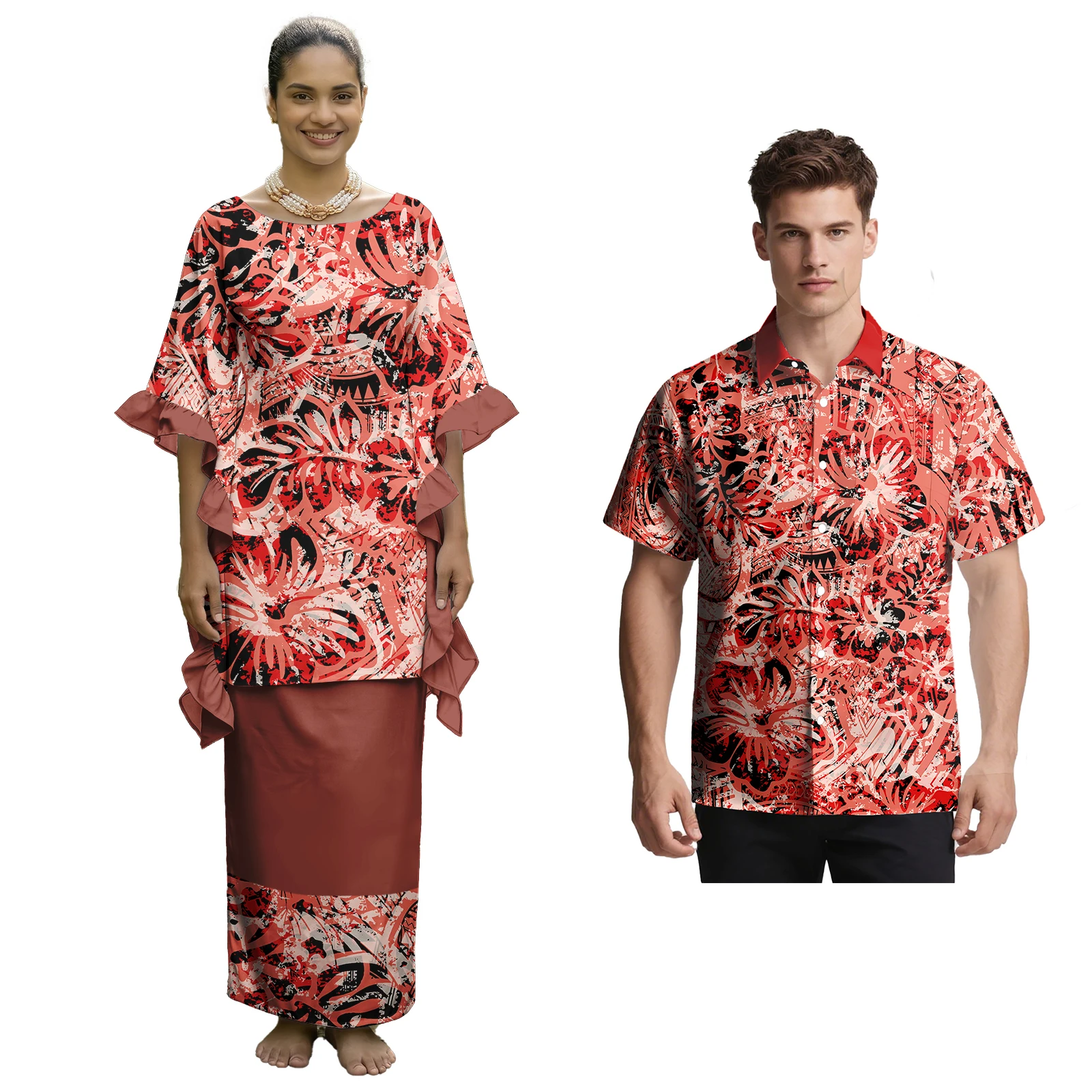 Couple of Set Aloha Fashion Men's Shirts Women Elegant Samoan Puletasi Polynesian Tribal Design Sweet Clothes Custom for Couple