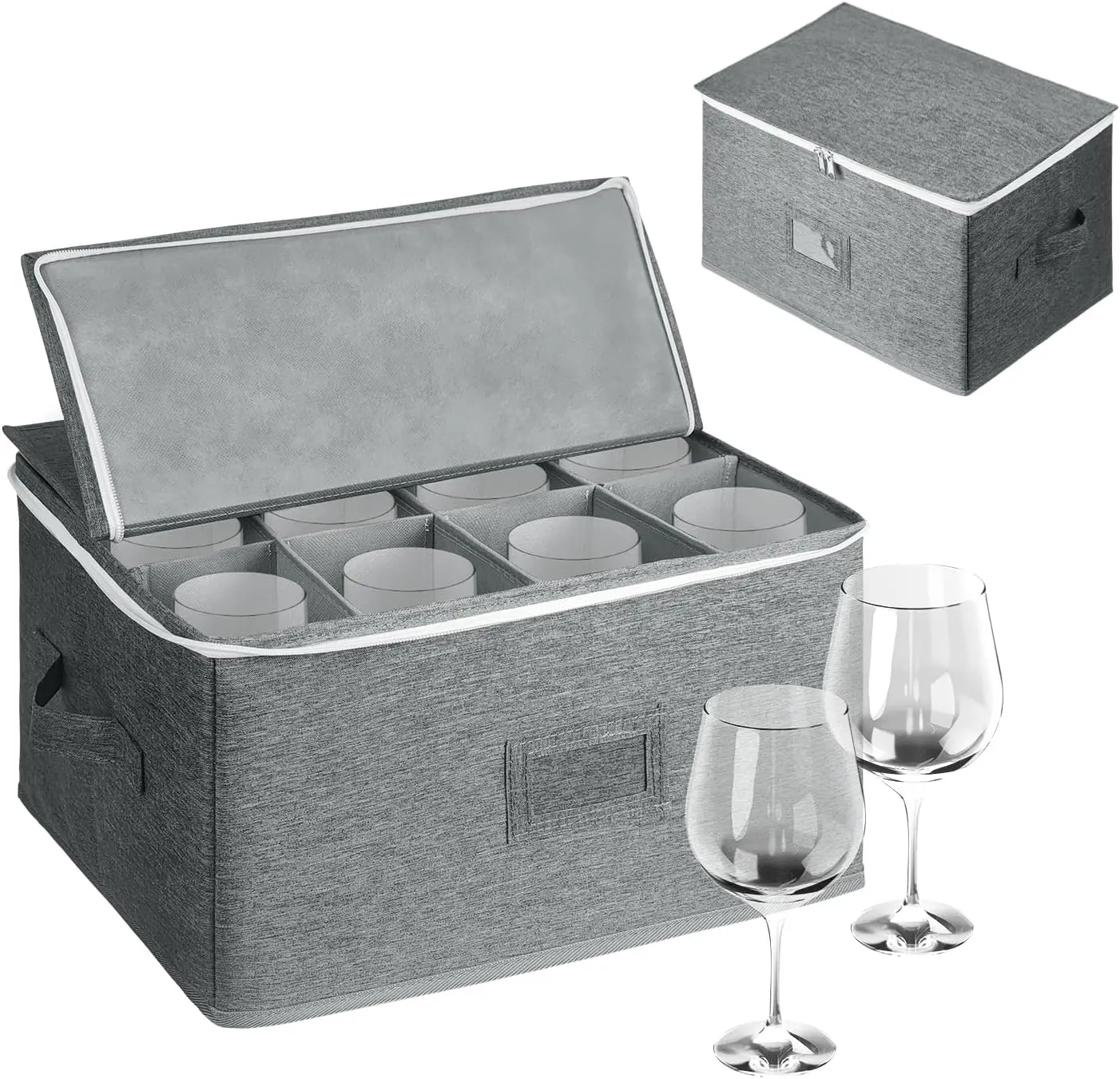 

Wine Glass Storage Box for 12 Glasses - Stackable Stemware Organizer with Removable Dividers, Zippered Closure & Handles, Dustpr