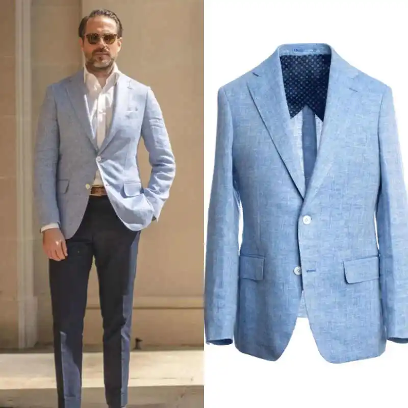 

Classic Light Blue Linen Men Blazer Notch Lapel Tailored Sport Coat Business Wedding Jacket Custom Made M263983