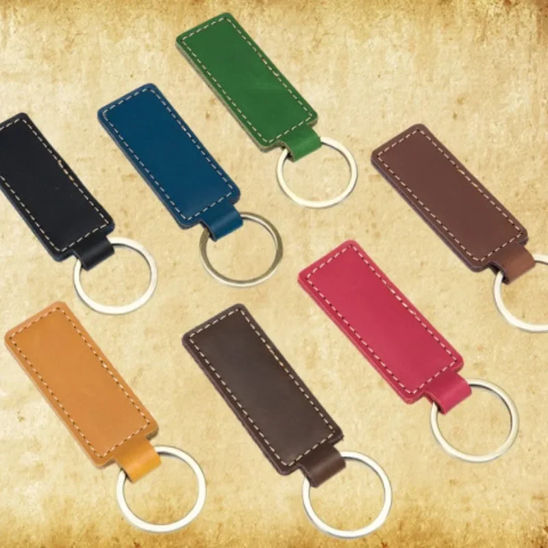 Retro Vintage Custom Name Cowhide Leather Keychain for Men and Women Personalize Car Logo Key Chains Laser Engrave Keyring Gift