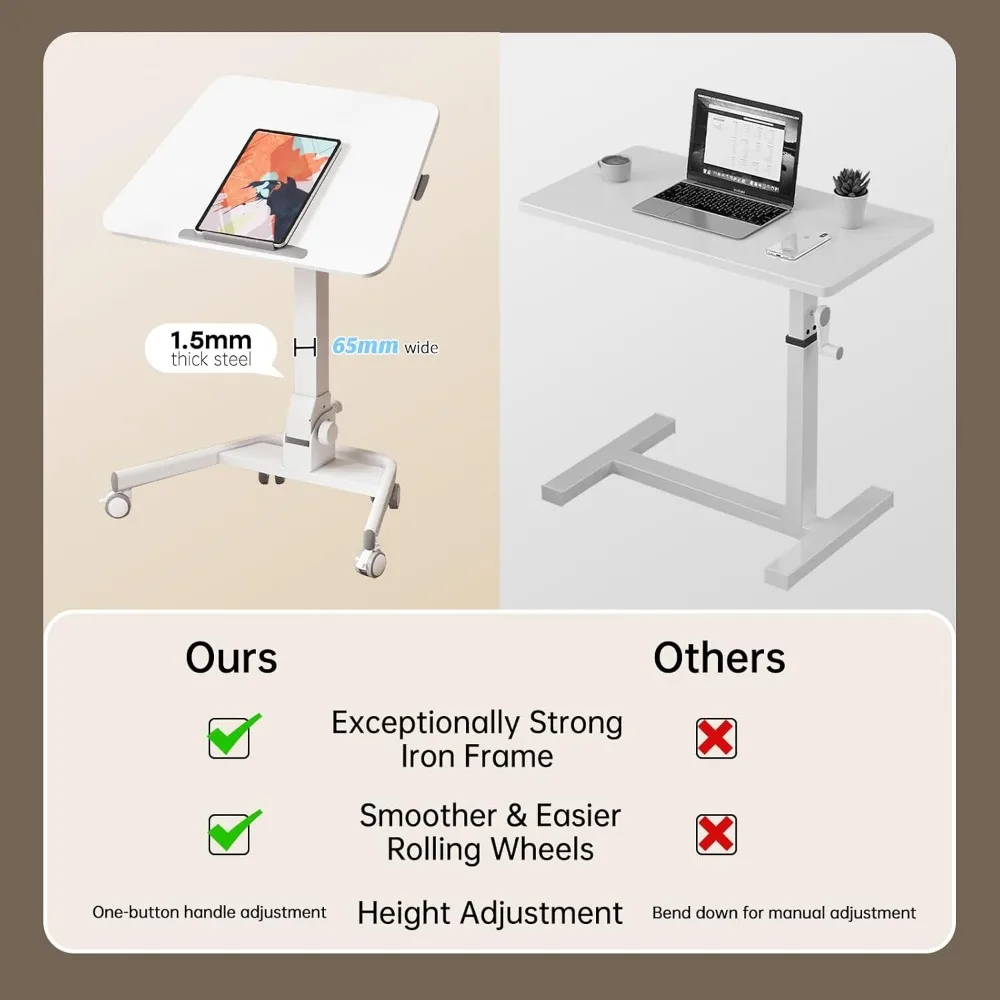 Mesa dobrável móvel permanente, Mesa ajustável do laptop em altura sobre rodas, 90 ° inclinável, rolamento, portátil