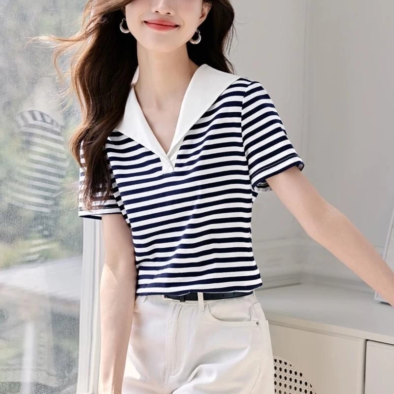 2024 New Summer Young Style Minimalist Fashion Short Sleeved Sailor Collar Striped Patchwork Contrasting Women\'s T-shirt Top