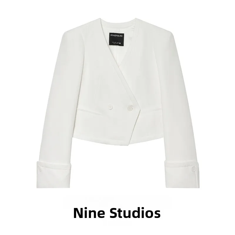 

NINE ZAR Women's Short Double-Breasted V-Neck Long Sleeve Suit Jacket Casual Style Polyester Fabric 2025 Summer Collection