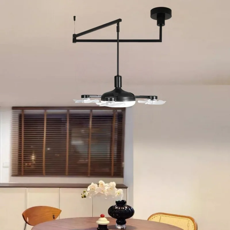 Vintage Fan Rocker Arm Restaurant Ceiling Fan Light French Cream Movable Dining Table Bar Japanese Tea Room Dining Room Fan Lamp