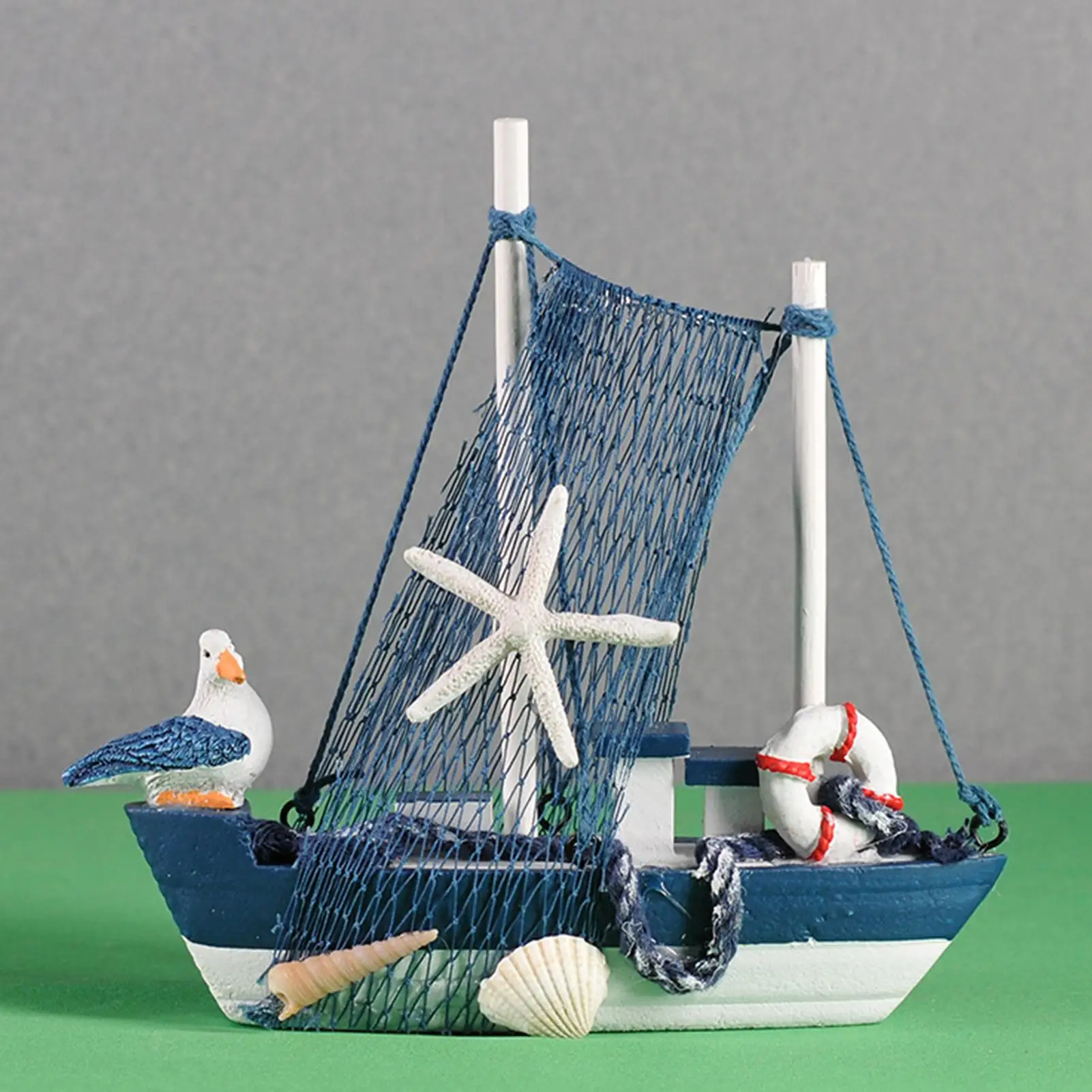 Miniature Boat Figurines Vintage Wooden Navy Blue White Cotton Cloth Sail Boat Decorations for Home Living Room Bedroom Office