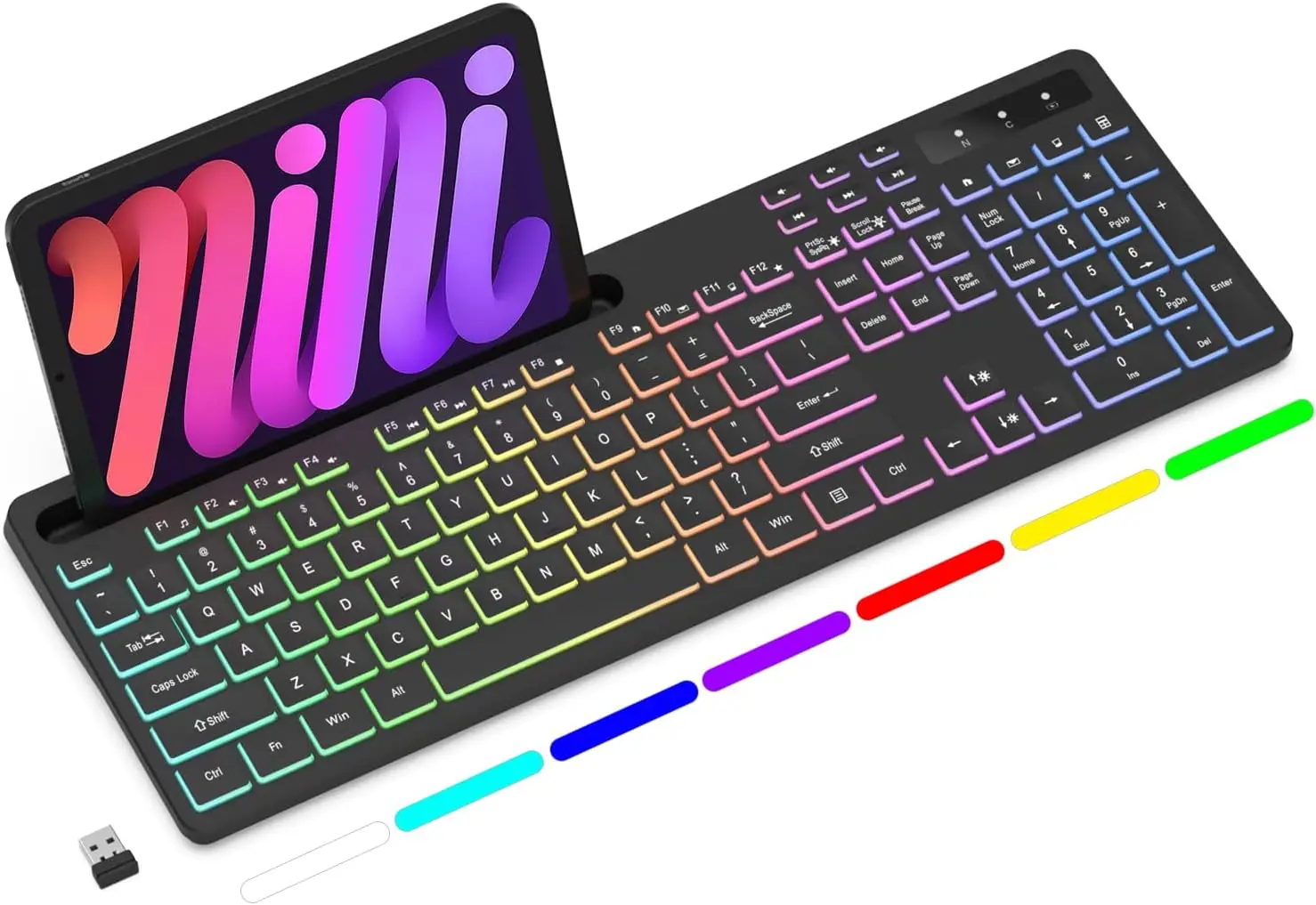 Full-Size RGB Backlit Wireless Keyboard with Phone Holder, 2.4G Rechargeable for Mac/Windows